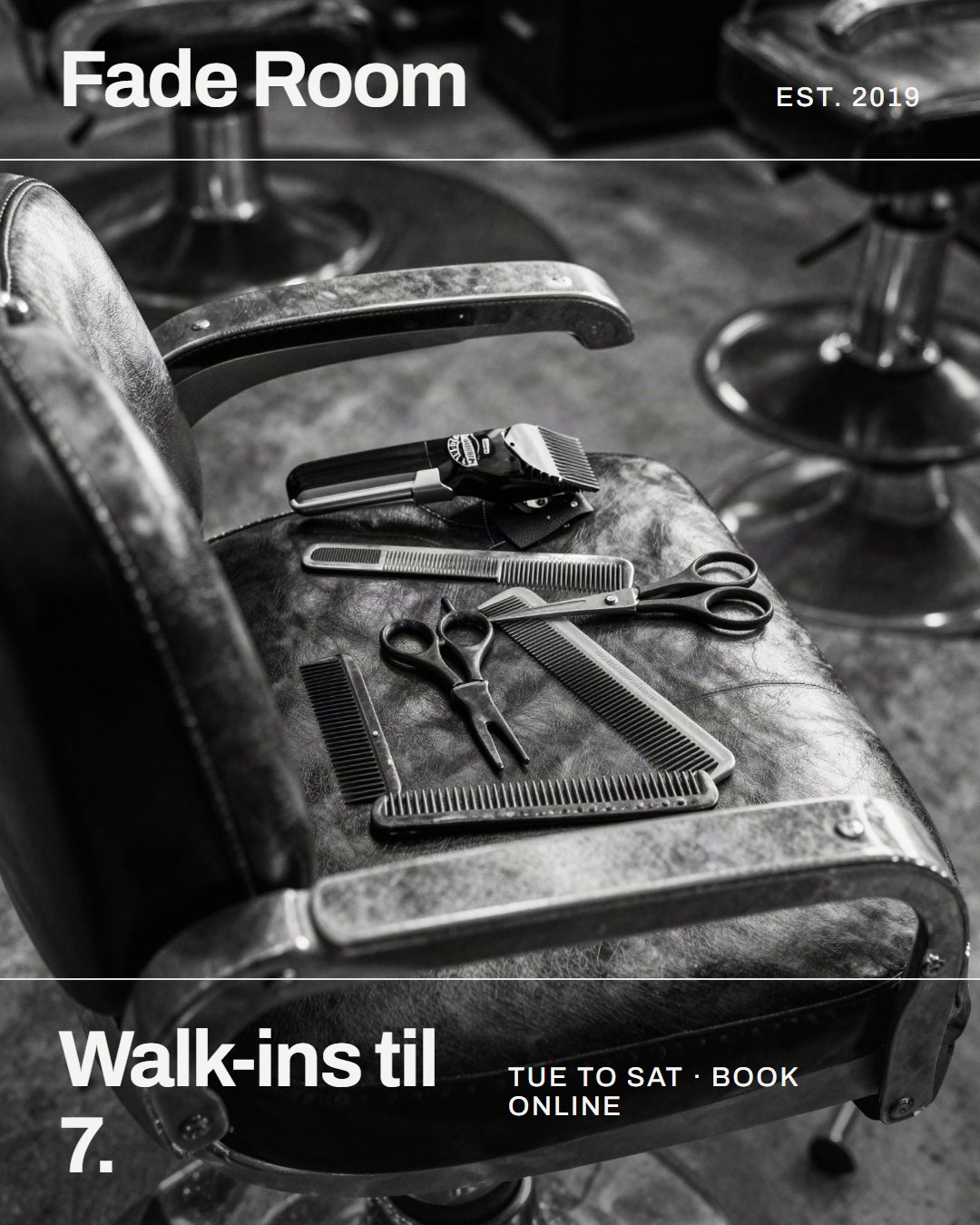 Instagram post for a barbershop: black and white chair and tools, walk-ins til 7, book online.