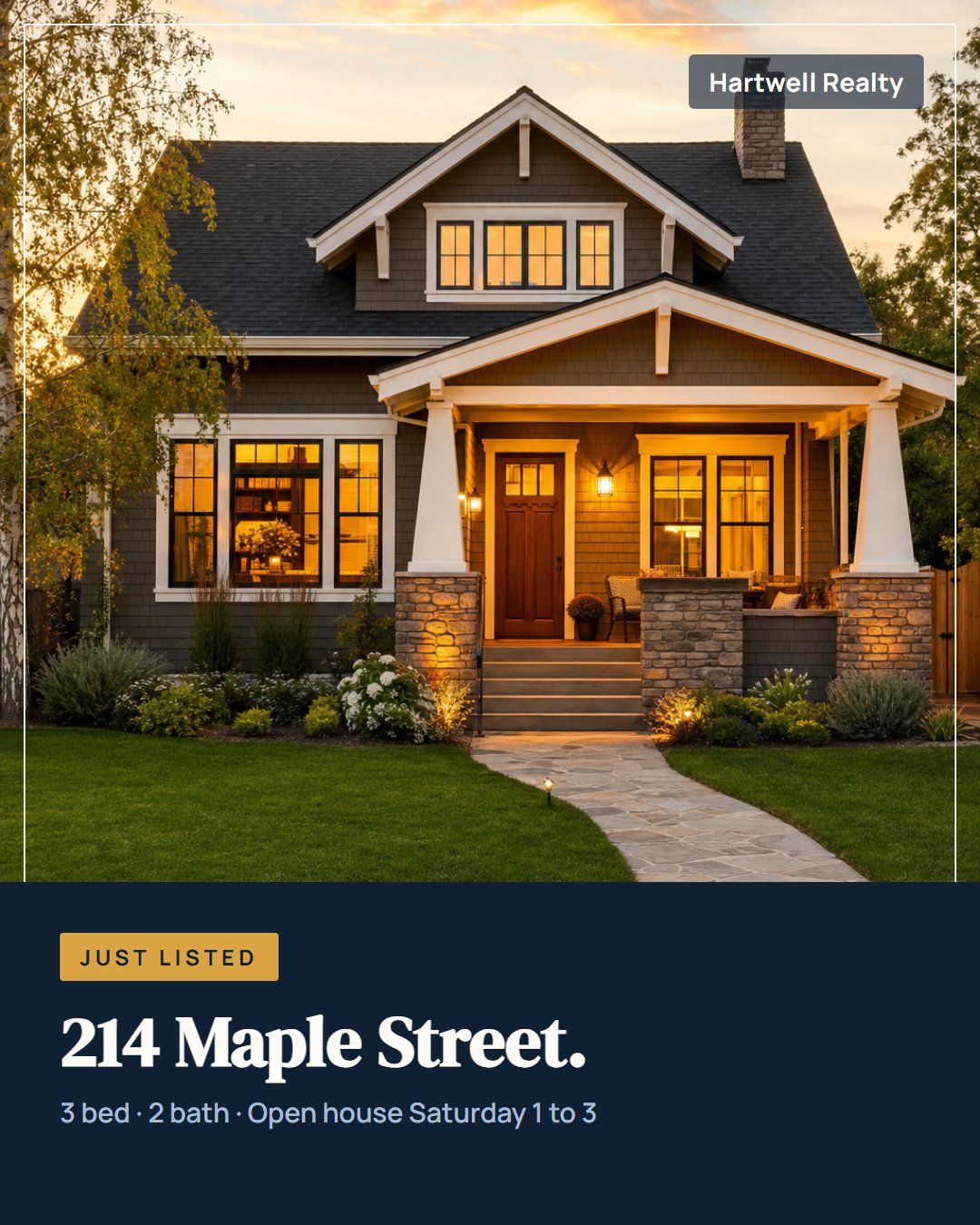 Just-listed post for a real estate team: house at golden hour, 3 bed 2 bath, open house Saturday.