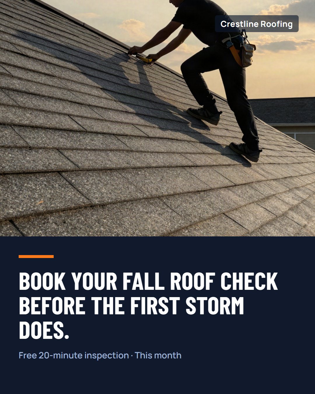 Instagram post for a roofing company: fall roof check booking with a free 20-minute inspection.
